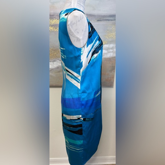 ST JOHN Brushstroke Stretch Silk Charmeuse Draped Cyan/Black Dress, Size 2 - Picture 9 of 16